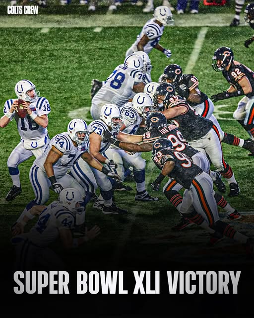 February 4, 2007 — a day forever etched in Colts history! Super Bowl XLI wasn’t just a game; it was the culmination of years of hard work, resilience, and unshakeable belief. Under the steady leadership of Coach Tony Dungy, the Colts faced the Chicago Bears on a rainy Miami night — conditions as tough as the journey that brought them there. Peyton Manning, the heart and soul of the offense, played with precision and poise, leading the team with unmatched football IQ. Defensive force Dwight Freeney terrorized the Bears’ offense, disrupting plays and setting the tone.