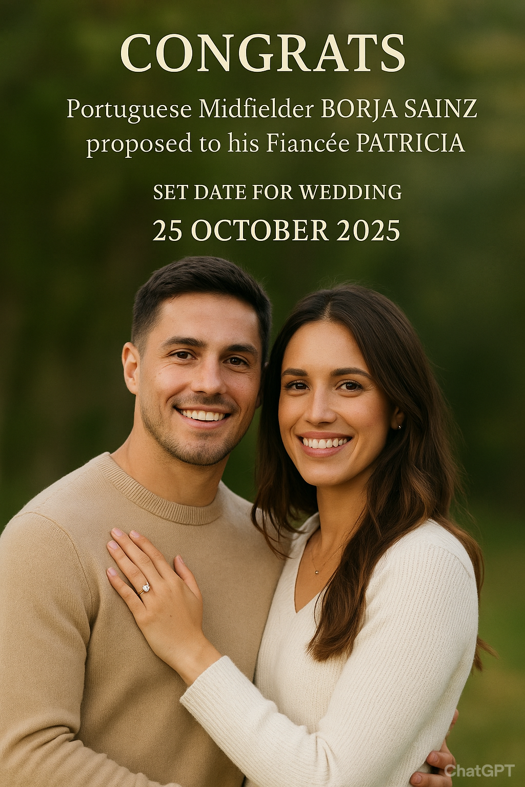 CONGRATULATIONS: PARABÉNS: O meio-campista português Borja Sainz finalmente propôs à sua noiva Patricia e marcou a data do casamento.